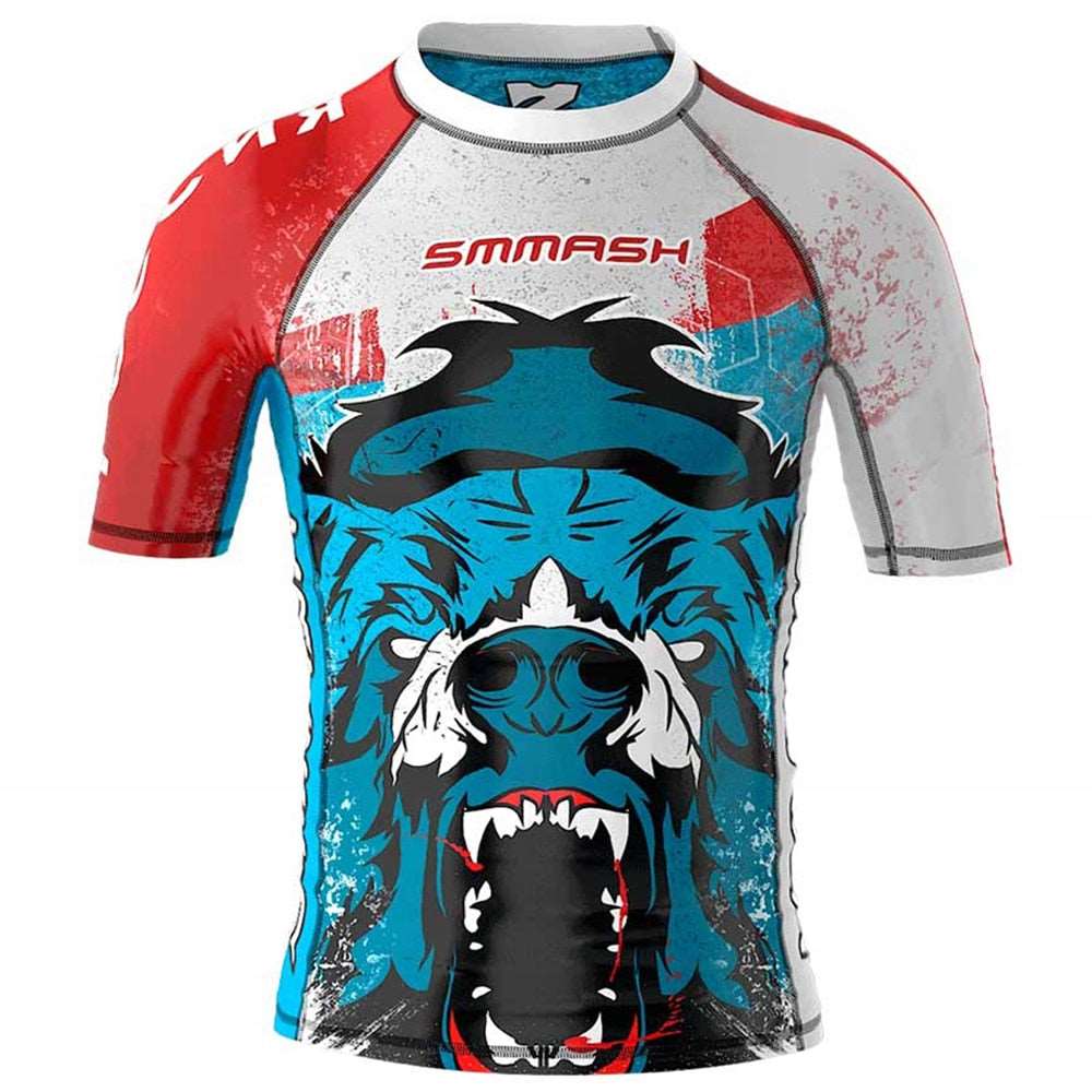 kuma rashguard short sleeve blue and red with angry bear nogi bjj