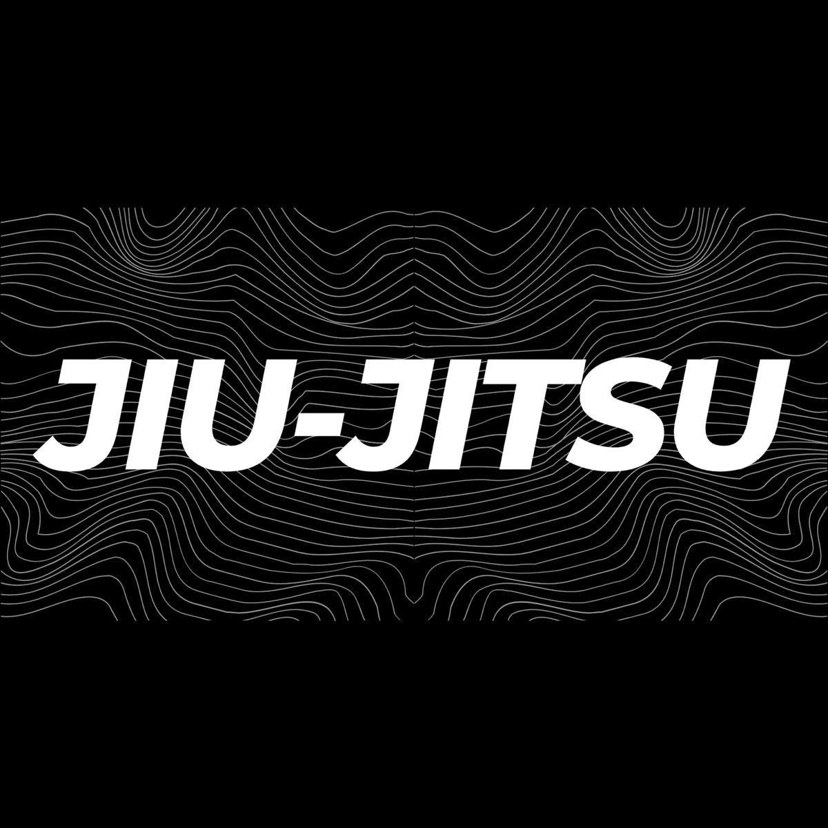 White 'JIU-JITSU' text centered on a black background with thin white contour-line graphics behind it.